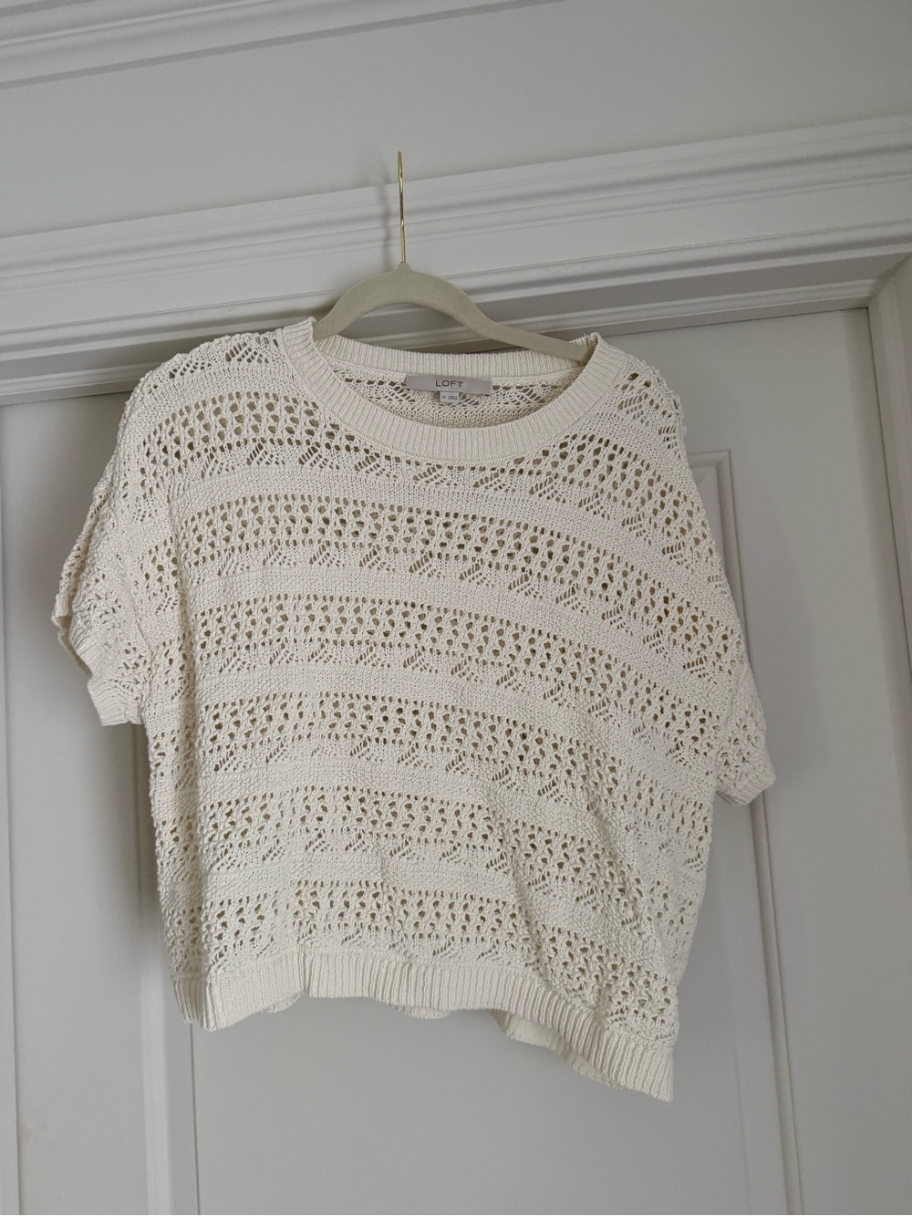 LOFT Cream Open-Knit Short Sleeve Sweater Top